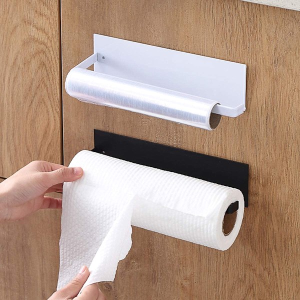 Musta pyyheteline, seinälle kiinnitettävä keittiöpaperiteline, ei porausta G