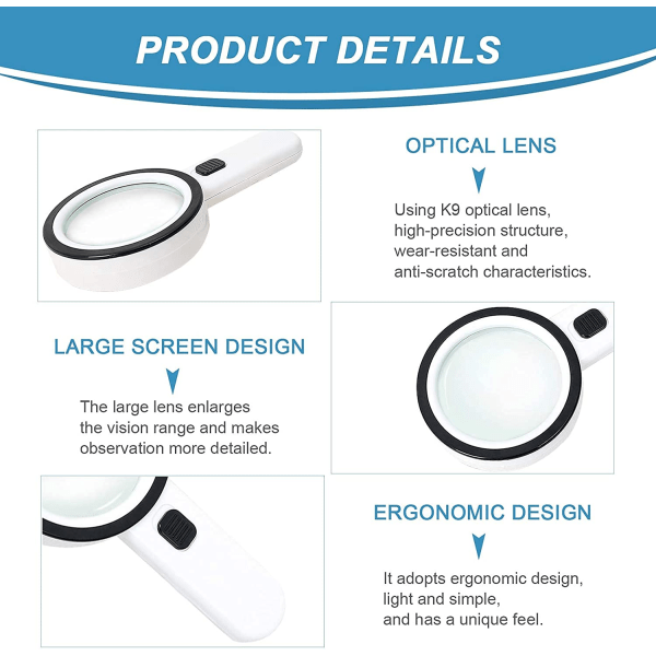 Läsglas med 12 LED-lampor, dubbla glaslinser med 30x