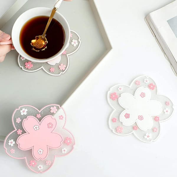 Coasters 2 stk. Pvc bløde Sakura Coaster Pads Bordskålmåtter Hjem