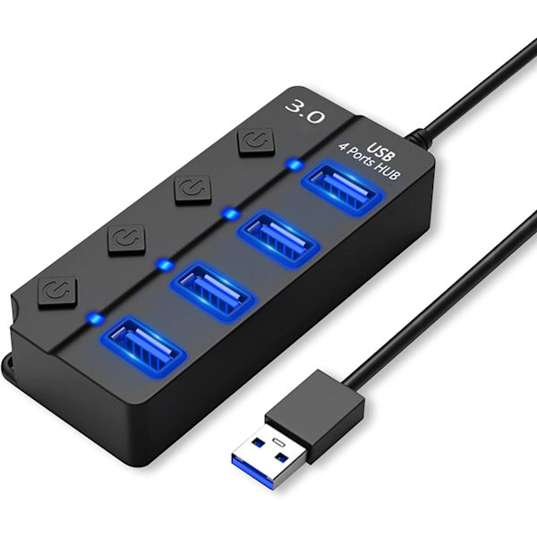 USB 3.0 Hub med separat afbryder og LED-lys, 4-port USB Hub