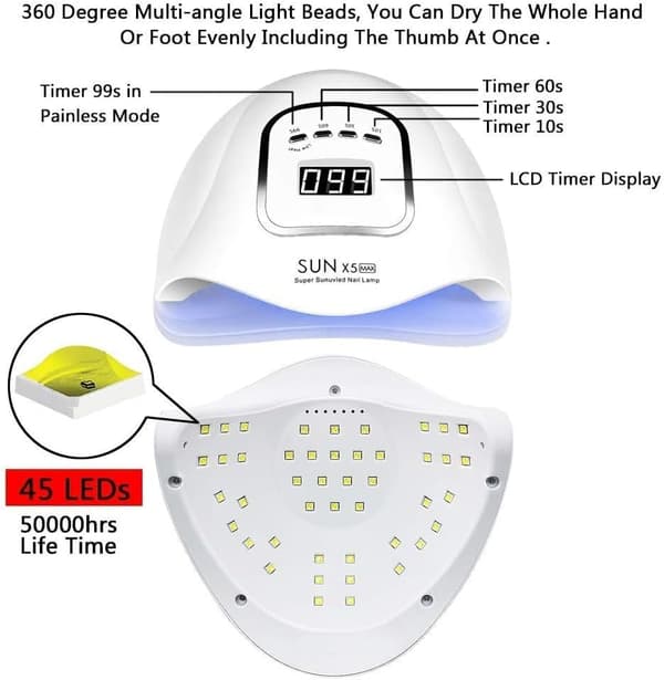 54W UV/LED Neglelampe med 10s/30s/60s/99s Timer Hvit