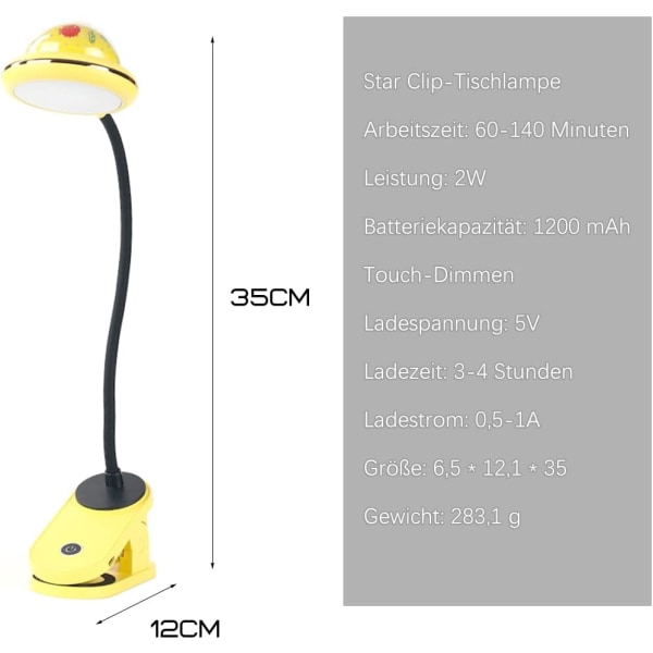 LED Clip-On-lamppu lapsille, keltainen, USB ladattava lukulamppu