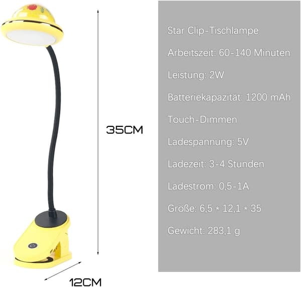 LED-klipslampe til børn, gul, USB-genopladelig læselampe