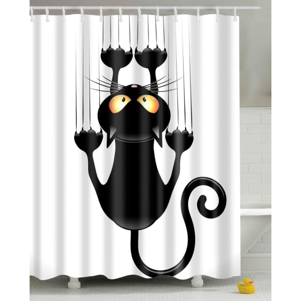 DIY Shower Curtain, Funny Cat Pattern, with Hooks (Black Cat, 180