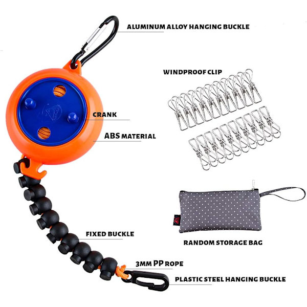 Retractable Clothesline, 8m Portable Camping Clothesline, Non-Sl