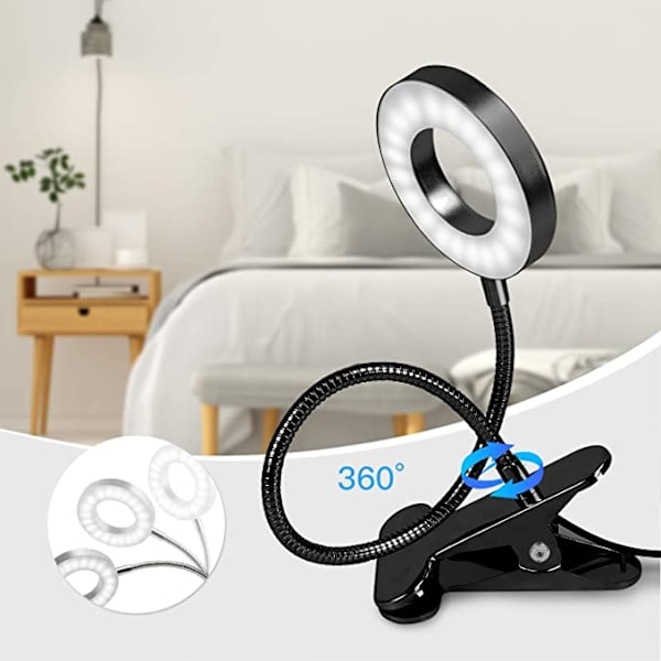 Svart, 48 LED-klips skrivebordslampe, 360° fleksibel, klipsbar leselampe