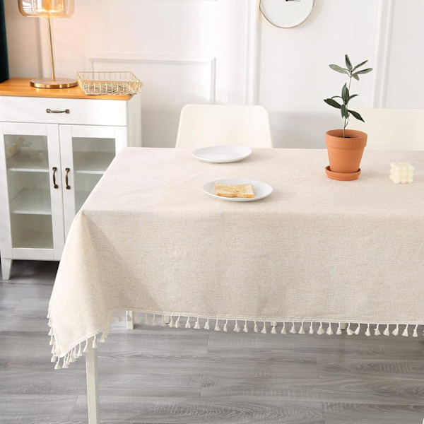 Rektangulær duk i beige, flekkbestandig, vaskbar bomullslinduk med dusker, duker til fødsel 140 x 100 cm
