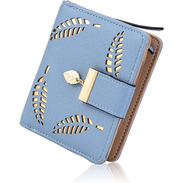 Tvåfaldig plånbok för kvinnor med kort blad (blå), liten kompakt PU-läder