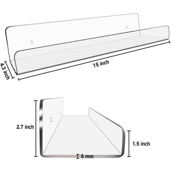 2-pakning 15 tommers akryl usynlige flytende barnas bokhylle for