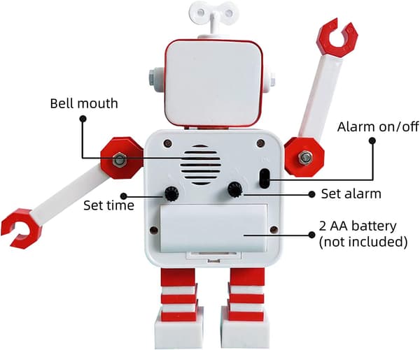 Rød Hvid Robot Vækkeur, Rustfrit Stål Lydløs Vækkeur