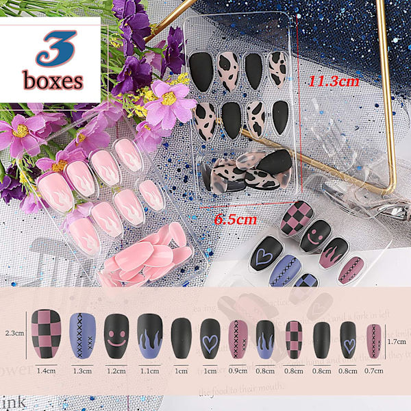 3 laatikkoa 72 kpl Tekokynnet Lyhyet Kynnet Ongle Täysi Peitto Pinkki Sininen B