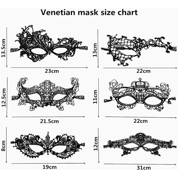 Venetiansk maske, 6 stk. Maske til maskeradebal, blondemaske, venetiansk maske til maskerade, sexet blondemaske til aftenbal, ballet
