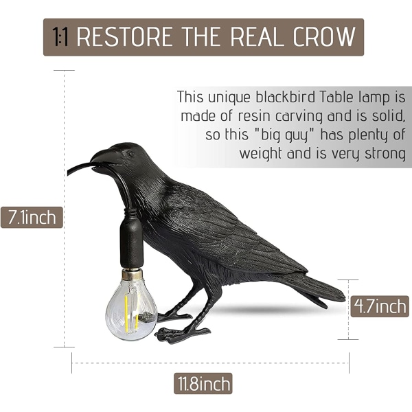 Raven Bordlampe - Crow Skrivebordslampe - Naturtro Resin Raven Lig