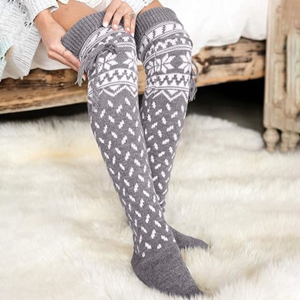 Knehøye sokker i bambus for kvinner - grå snøfnuggjulesokker A