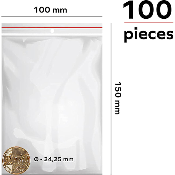 100 stk. lynlåsposer - 100 x 150 mm - kraftige poser med lynlås