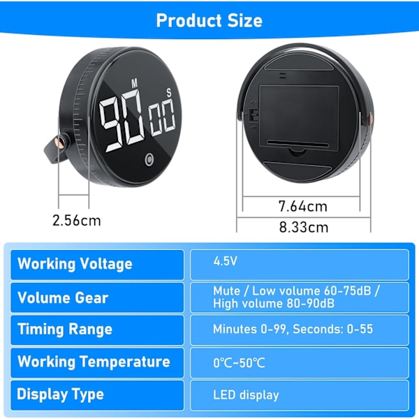 Magnetisk kökstimer med LED-display, högt alarm för matlagning,