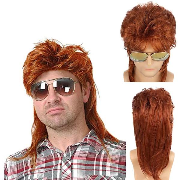 Ryan-peruukki, vaalea, 1-osainen, mullet, ruskeanvaalea, 80-luku, tekohiukset,
