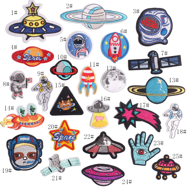 25 Blå Astronaut Planet UFO jernlapper, blandet sømplaster