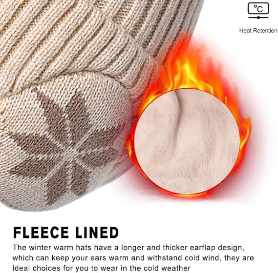 Vinterstrikhue til mænd og kvinder - Beige (med øreklapper) Varm W