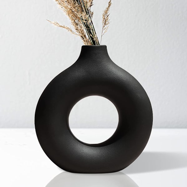 Svart Keramisk Vase Nordisk Sirkulær Matt Hul Donut Blomst