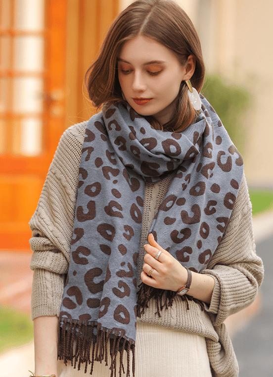 Dame skjerf pompom imitert kasjmir leopard print varmt skjerf