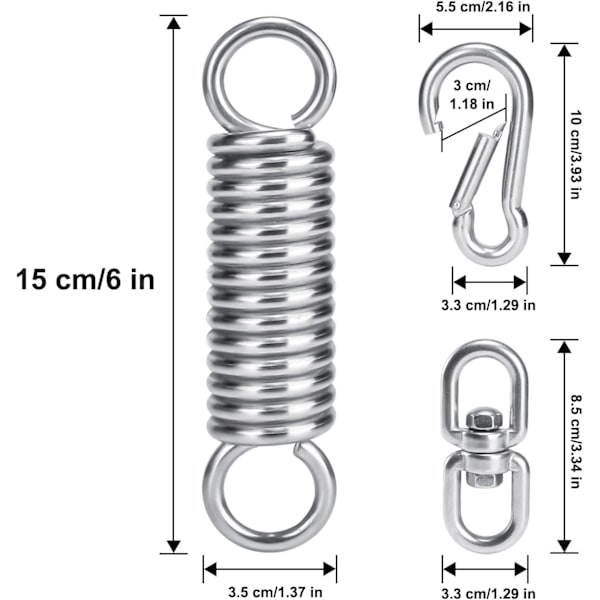 Set med 3 hängmatsefjäderkrokar och 1 360° roterbar ring, 304 rostfri stålfjäder för hängstol, tillbehör för utomhusgunga, fjäderkrok