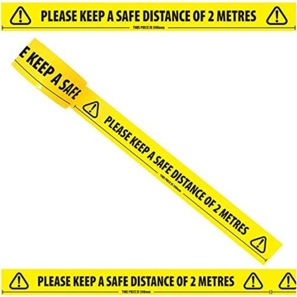 Varningstejp "Gul - håll ett säkert avstånd på 2 meter",