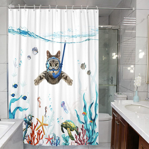 Morsomt dusjforheng for katt Blågrønt hav hav vanntett