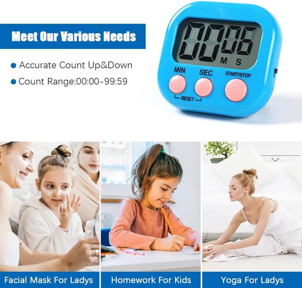 Blå magnetisk køkkentimer med stort LCD-display, timer til co