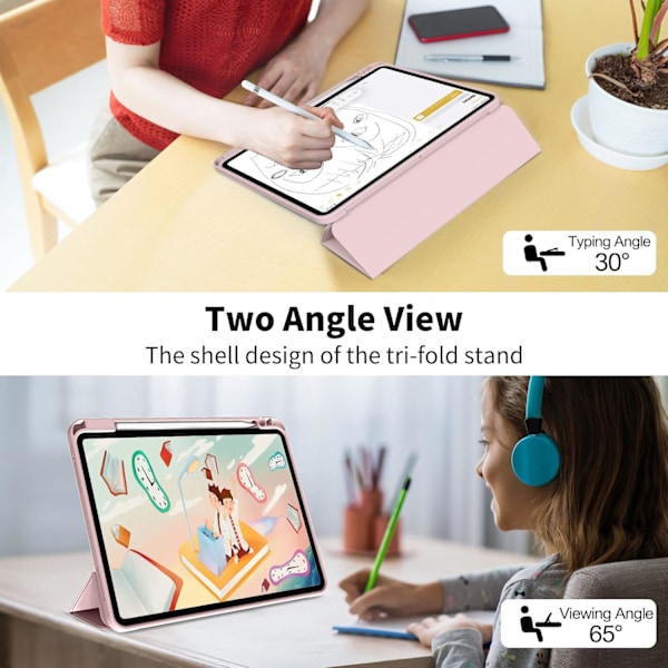 Vaaleanpunainen, suojaava kotelo iPad Pro 11-tuumaiselle (18/20/21/22), kynäpaikalla, erittäin ohut kolmiosainen Smart Cover, tukee kynää C