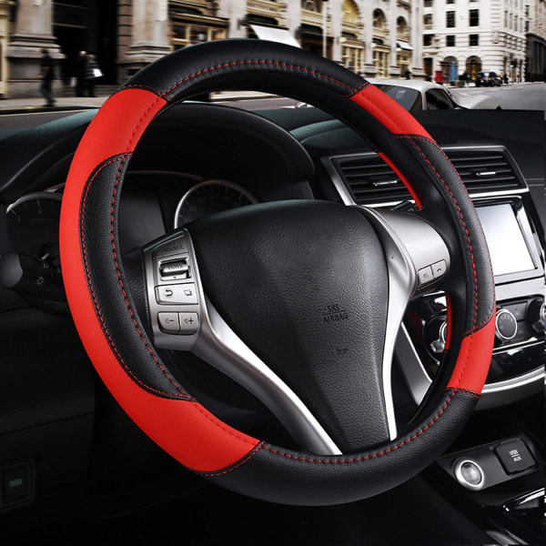 Læderbilratdæksel-sort og rødt, skridsikkert bilhjul