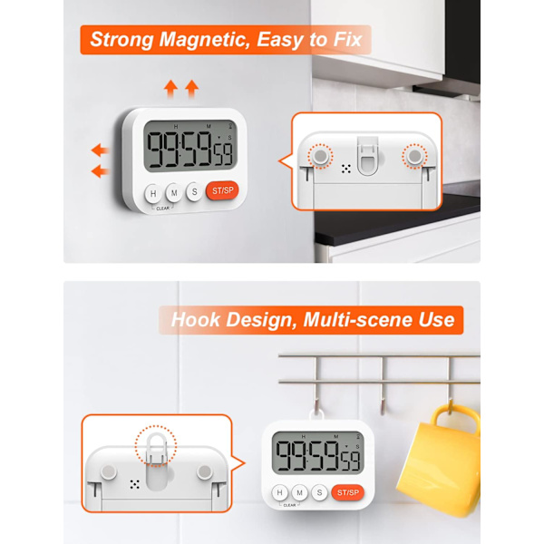 Multifunktionel digital køkkentimer med urfunktion, hurtig indstilling, 3 lydstyrkeniveauer, magnetisk backup, foldbart stativ