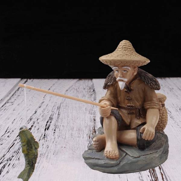 Lille lille fisker siddende figurer have statue bonsai min