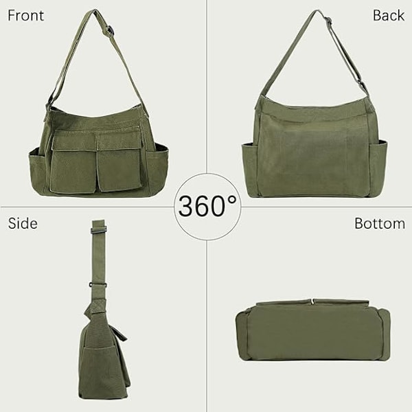 Lerrets skulderveske for kvinner - Army Green, stor skulderveske