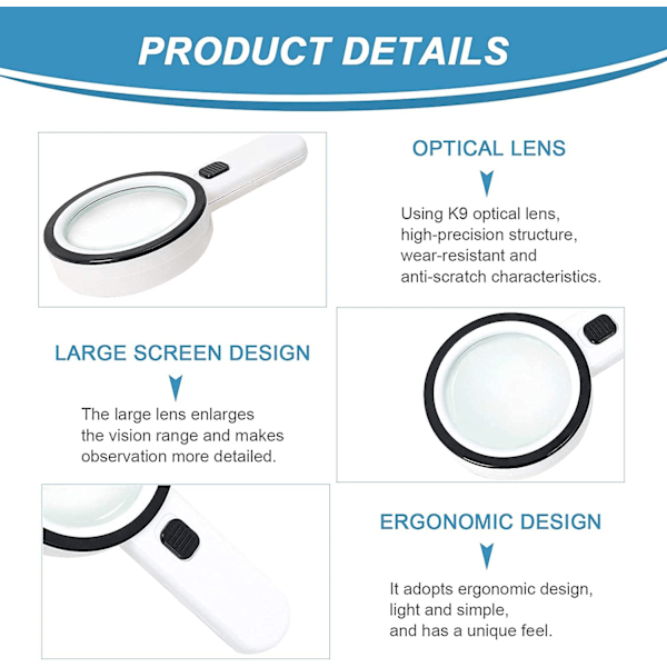 Läsglasögon med 12 LED-lampor, dubbla glaslinser med 30x