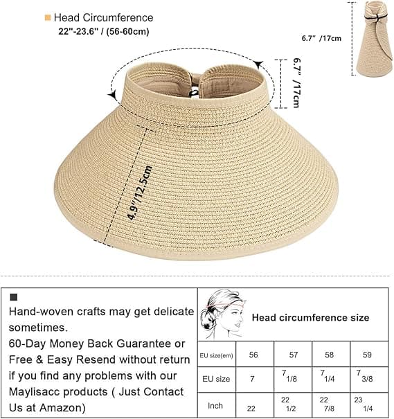 Visor Halm Strand Solhatt Bred Bremm for Kvinner UPF 50+ Sommer