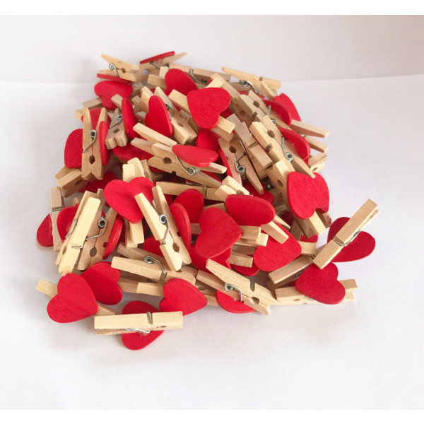 Red-Love Heart 50 stykker mini klesklyper med boks, liten tre