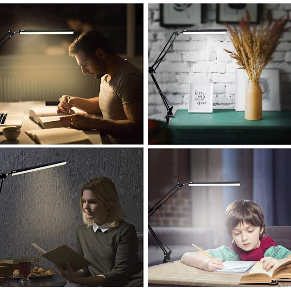 LED-skrivebordslampe, svingarmlampe, med armatur, dæmpbar, 3 farvetilstande og 10 justerbar lysstyrke, øjenbeskyttende skrivebordslampe til hjemmekontoret (sort)