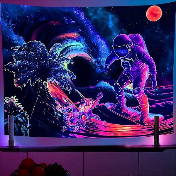 Svart ljus astronaut gobeläng 150X100CM rymdväxter bläckfisk estetisk gobeläng neon väggkonst affischer UV-reaktiv trippy gobelänger för inredning