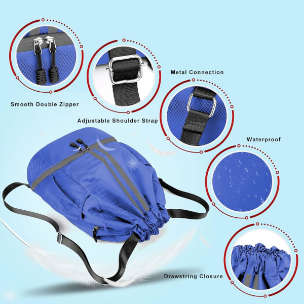 Blå vanntett ryggsekk med snøring treningsveske med skorom