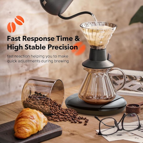 Digital Kaffevægt med Timer - Genopladelig Espresso Vægt 2kg/0.1g Høj Præcisionsvejning i g oz ml Hæld Over Kaffe