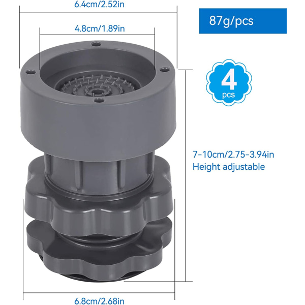 Anti-vibrationsmatta för tvättmaskin, 4 st universal tvättmaskinsunderlägg, justerbar 7 till 10 cm anti-vibrationsstöd för tvättmaskin torktumlare