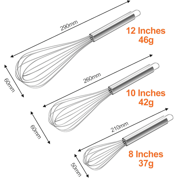 Ammattimainen ruostumattomasta teräksestä valmistettu keittiövatkain, 3 osainen manuaalinen munavaahdotin sisältää 21 cm, 26 cm, 29 cm, vatkaimeen sekoittamiseen, sekoittamiseen