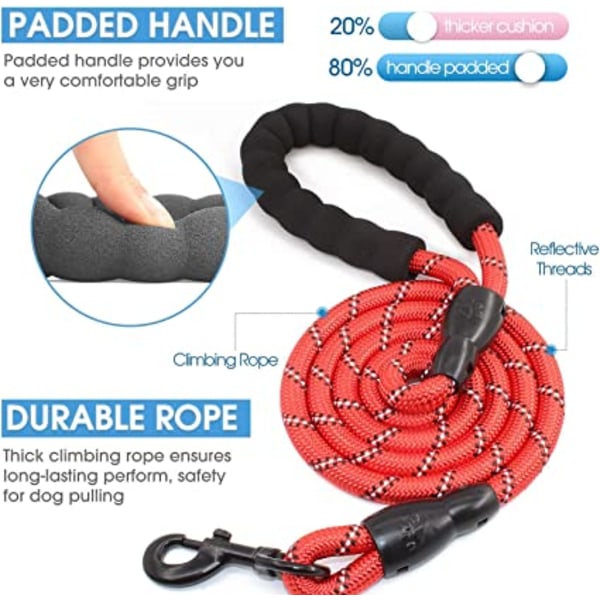 (5FT-1/2'', rød) Hundebånd med komfortabelt polstret håndtak og høy