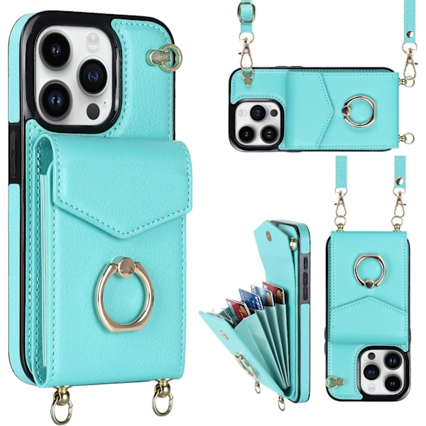 Kompatibelt iPhone 15 Pro Max Cover 6,7 tommer, minimalistisk wallet cover med ringstøtte og skulderrem - Blå