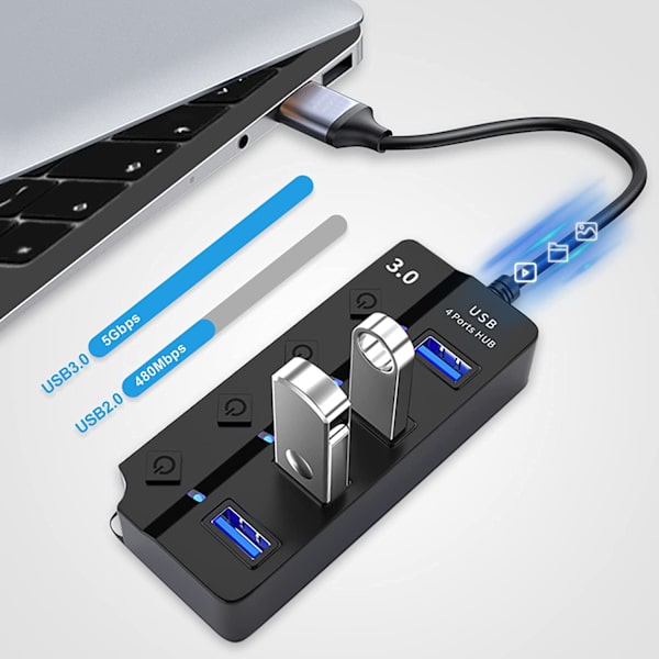 USB 3.0-hub med separat bryter og LED-lys, 4-porters USB-hub