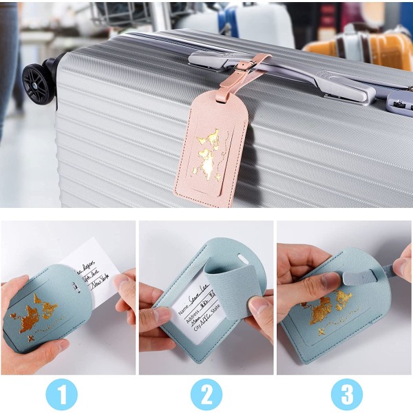 4 bagasjemerker, graverbare reisemerker i PU-skinn med justerbar