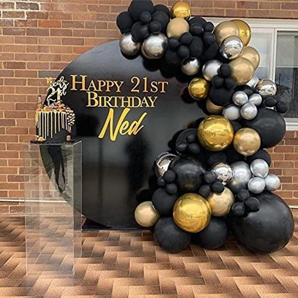 Sort og guld ballonbue sæt - 109 sorte guld og sølv balloner J
