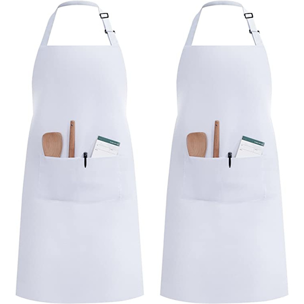2-pack köksförkläden (vita, polyester) med 2 fickor Justerbar
