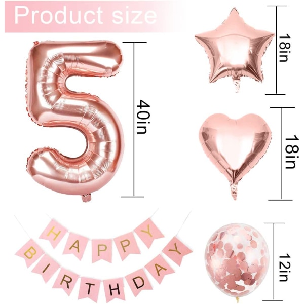 5:e födelsedagsflickans ballong, roséguld ballong 5, 5:e födelsedag